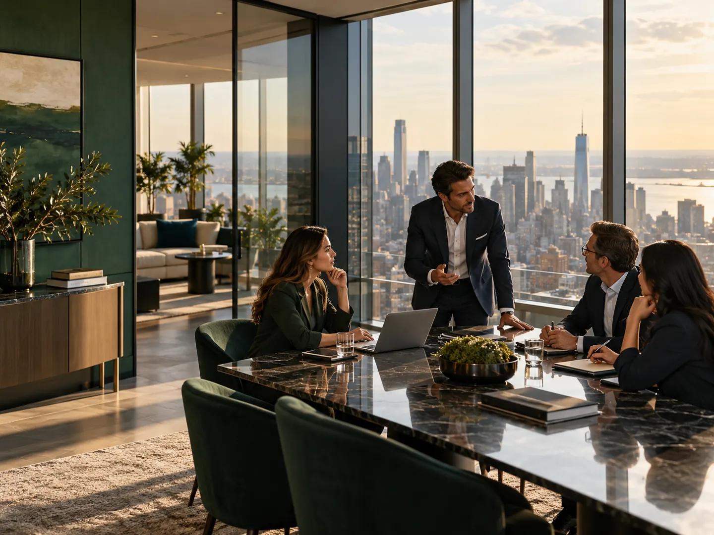Sunlit modern office prepared for a client meeting